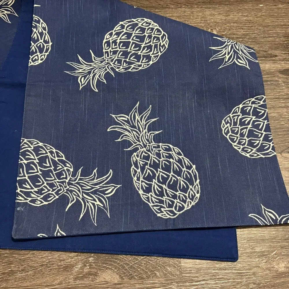 Table Runner Embroidered Pineapples White & Blue Contemporary Padded 14x71